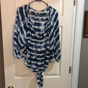 Chenault Blue and White Tie Front Blouse with 3/4 Sleeves